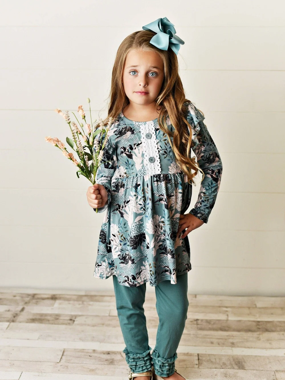 Girls Sage Floral Tunic Set with Lace Detail And Ruffle Leggings